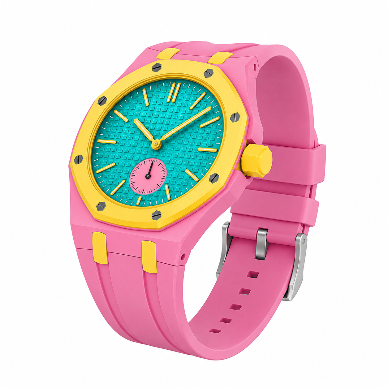 AP X Swatch Royal Pop Watch Pink Yellow Silicone Straps @ 3 o'clock