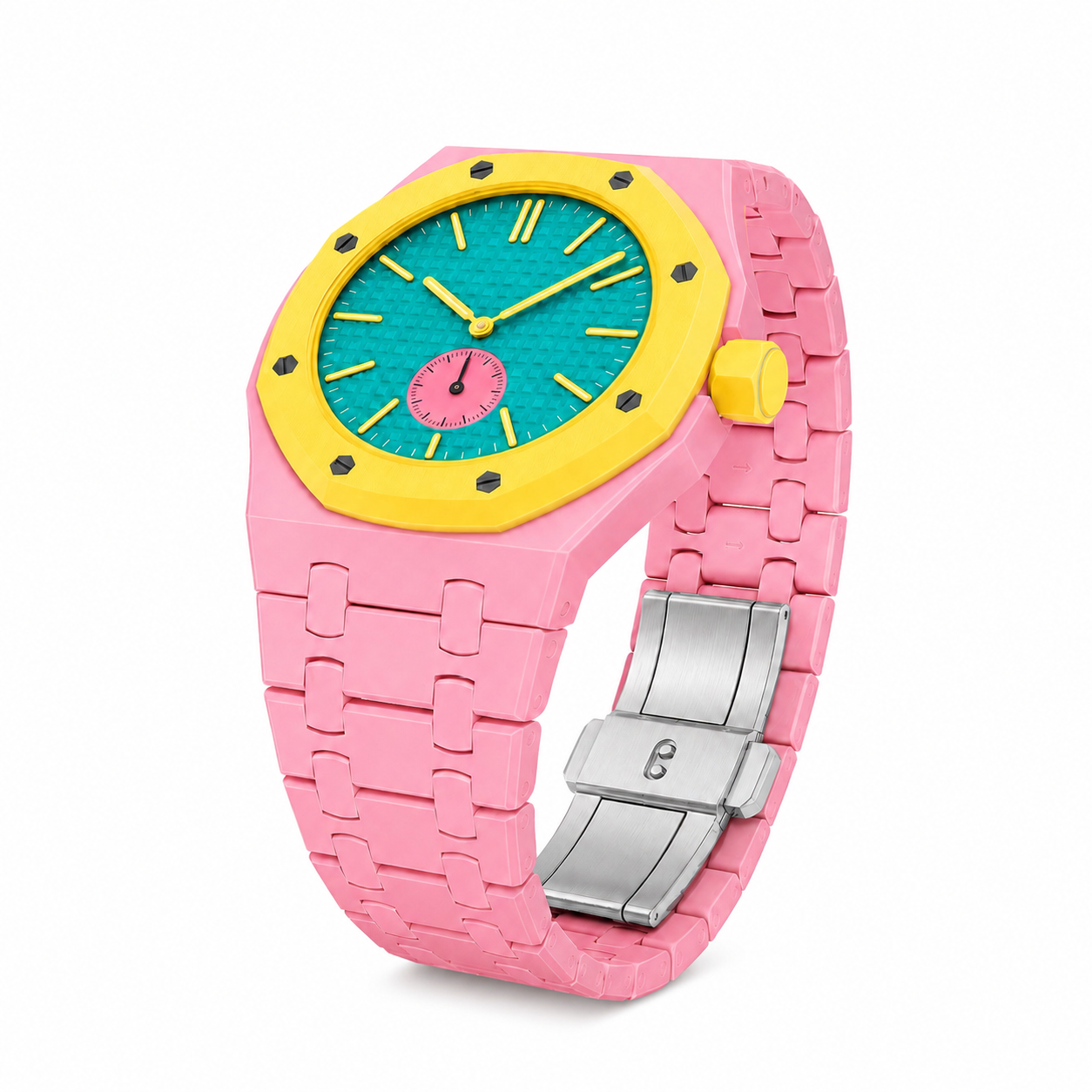 AP X Swatch Royal Pop Watch Pink Yellow Bioceramic Straps @ 3 o'clock